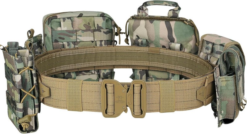 PIKEON Tactical Belt Battle Law Enforcement Molle Airsoft Duty Belt Quick-Release with Pouches 8 in 1 (CAMOU) - Image 1